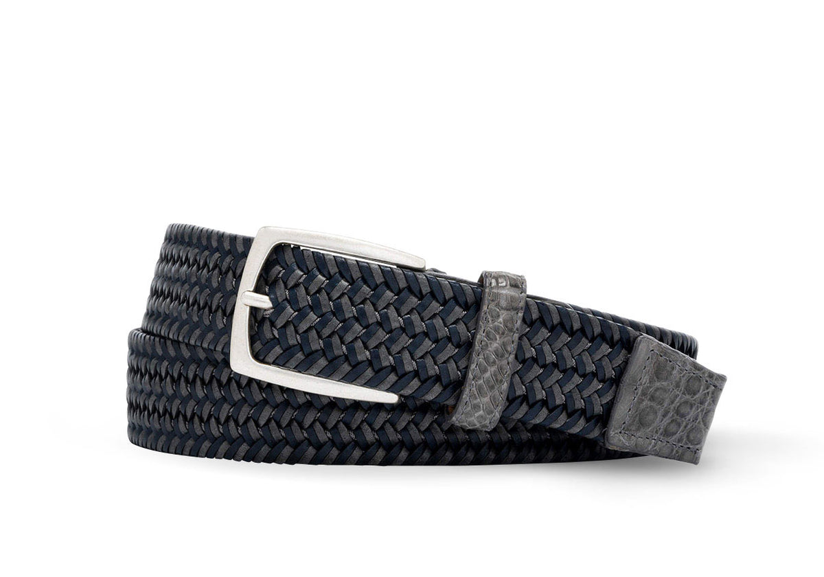 w.kleinberg slate leather stretch belt with crocodile tabs and antiqued nickel buckle