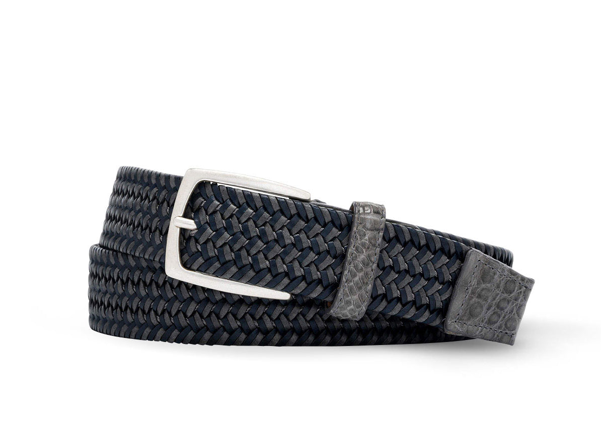 w.kleinberg slate leather stretch belt with crocodile tabs and antiqued nickel buckle