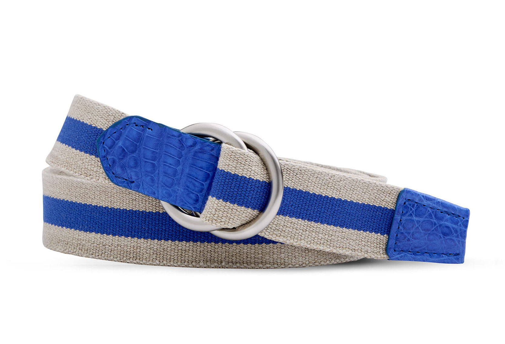 w.kleinberg striped linen stretch belt with crocodile tabs and brushed nickel O-ring buckles