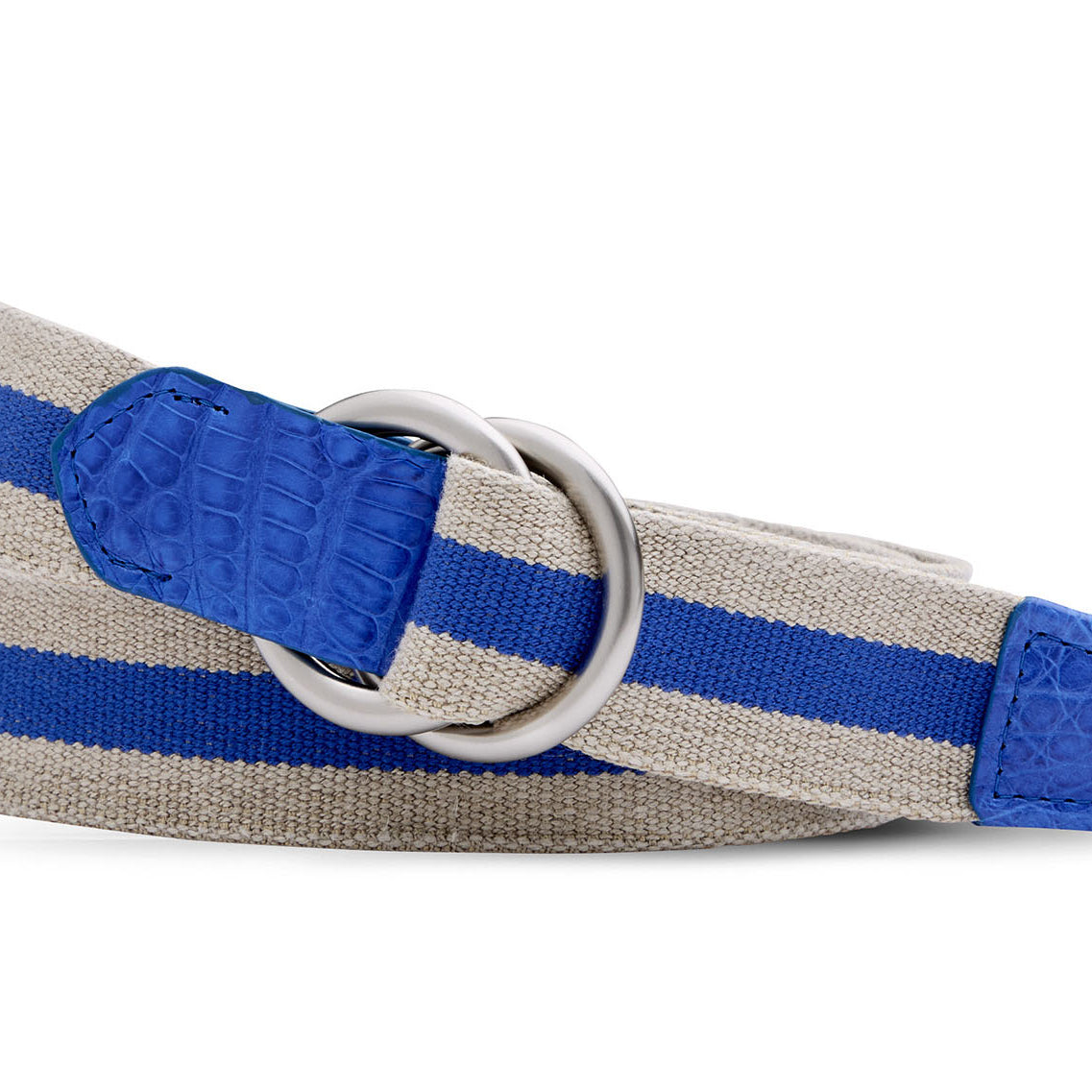 w.kleinberg striped linen stretch belt with crocodile tabs and brushed nickel O-ring buckles