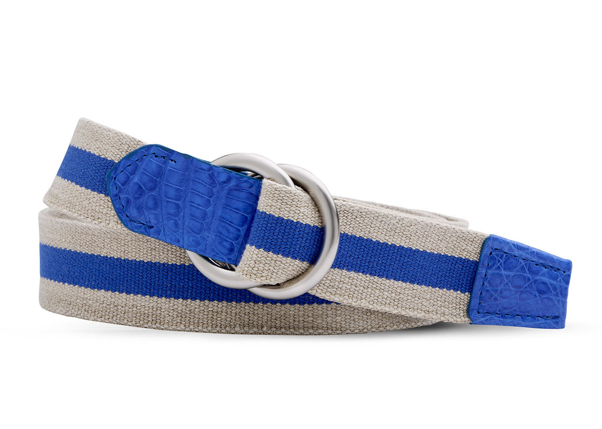 w.kleinberg striped linen stretch belt with crocodile tabs and brushed nickel O-ring buckles