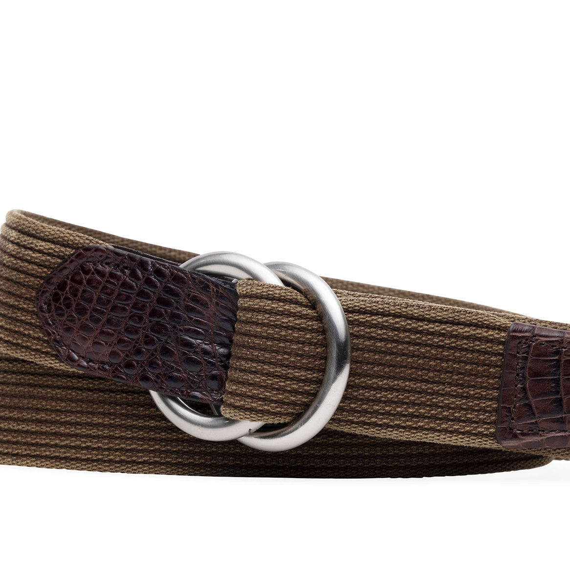w.kleinberg striped woven belt with crocodile tabs and brushed nickel O-rings