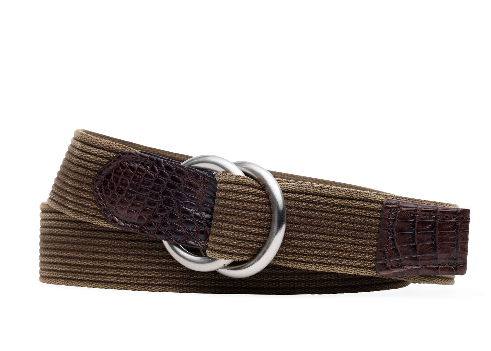 w.kleinberg striped woven belt with crocodile tabs and brushed nickel O-rings