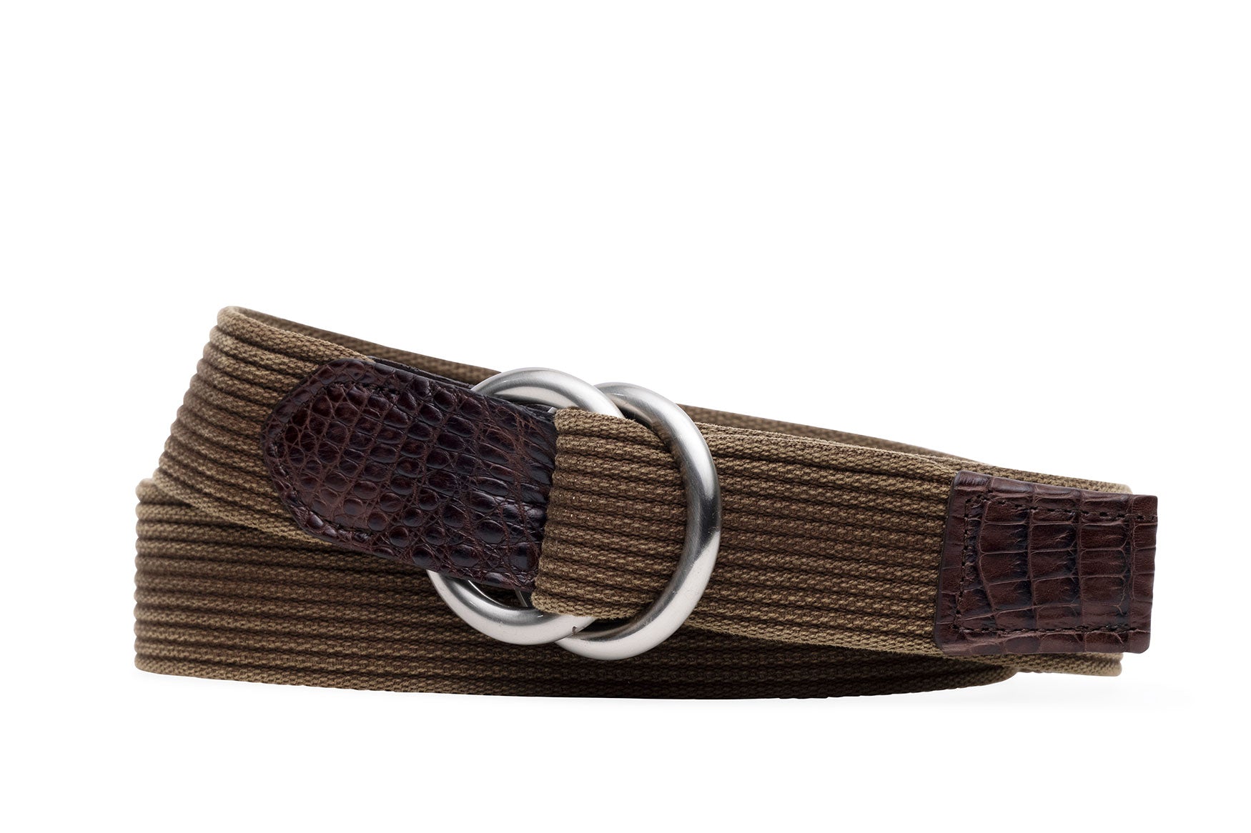 w.kleinberg striped woven belt with crocodile tabs and brushed nickel O-rings