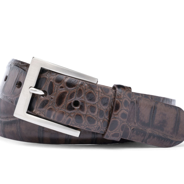 Embossed Crocodile Belt with Brushed Nickel Buckle