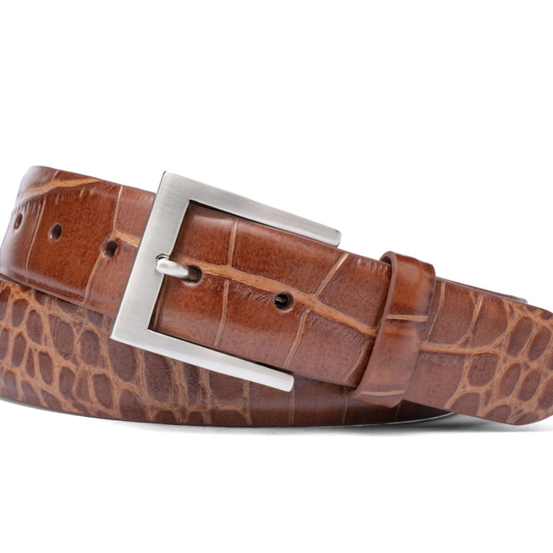 Embossed Crocodile Belt with Brushed Nickel Buckle
