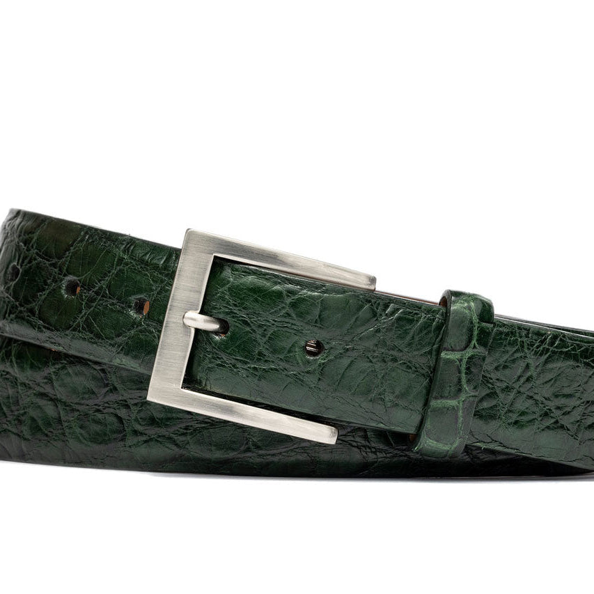 1-1/8" Matte American Alligator Belt with Brushed Nickel and Gold Buckles