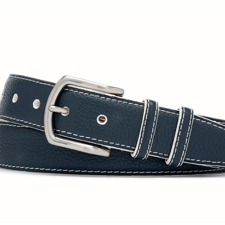 Contrast Pebbled Calf Belt with Nickel Buckle