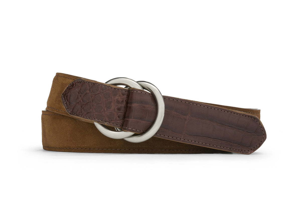 Suede and Caiman Crocodile Belt with O-ring Buckles