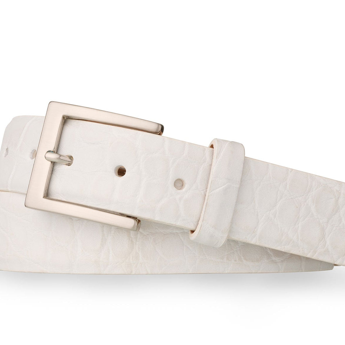 1-1/8" Matte American Alligator Belt with Brushed Nickel and Gold Buckles