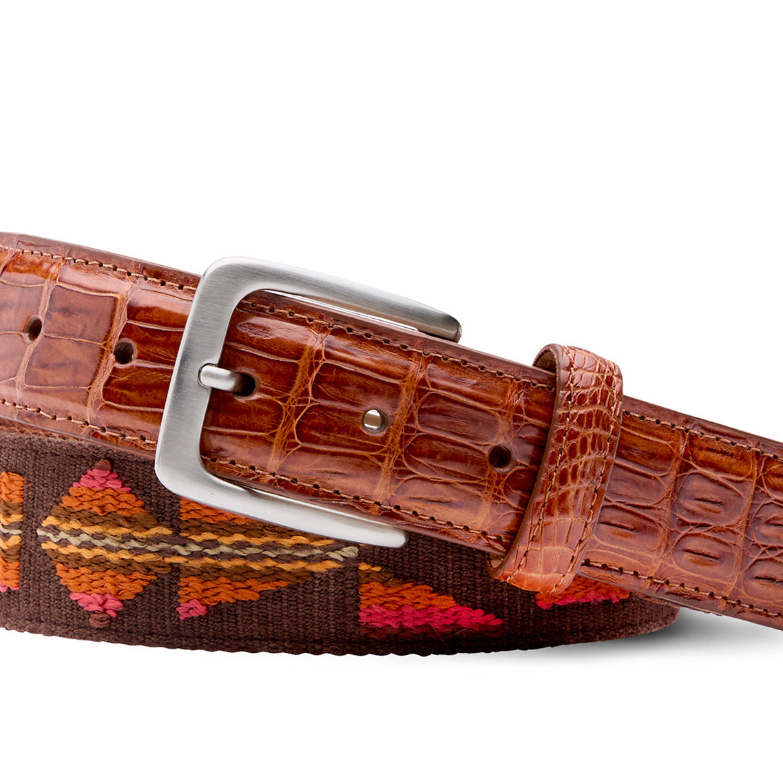 Aztec Needlepoint Belt with Croc Tabs and Brushed Nickel Buckle