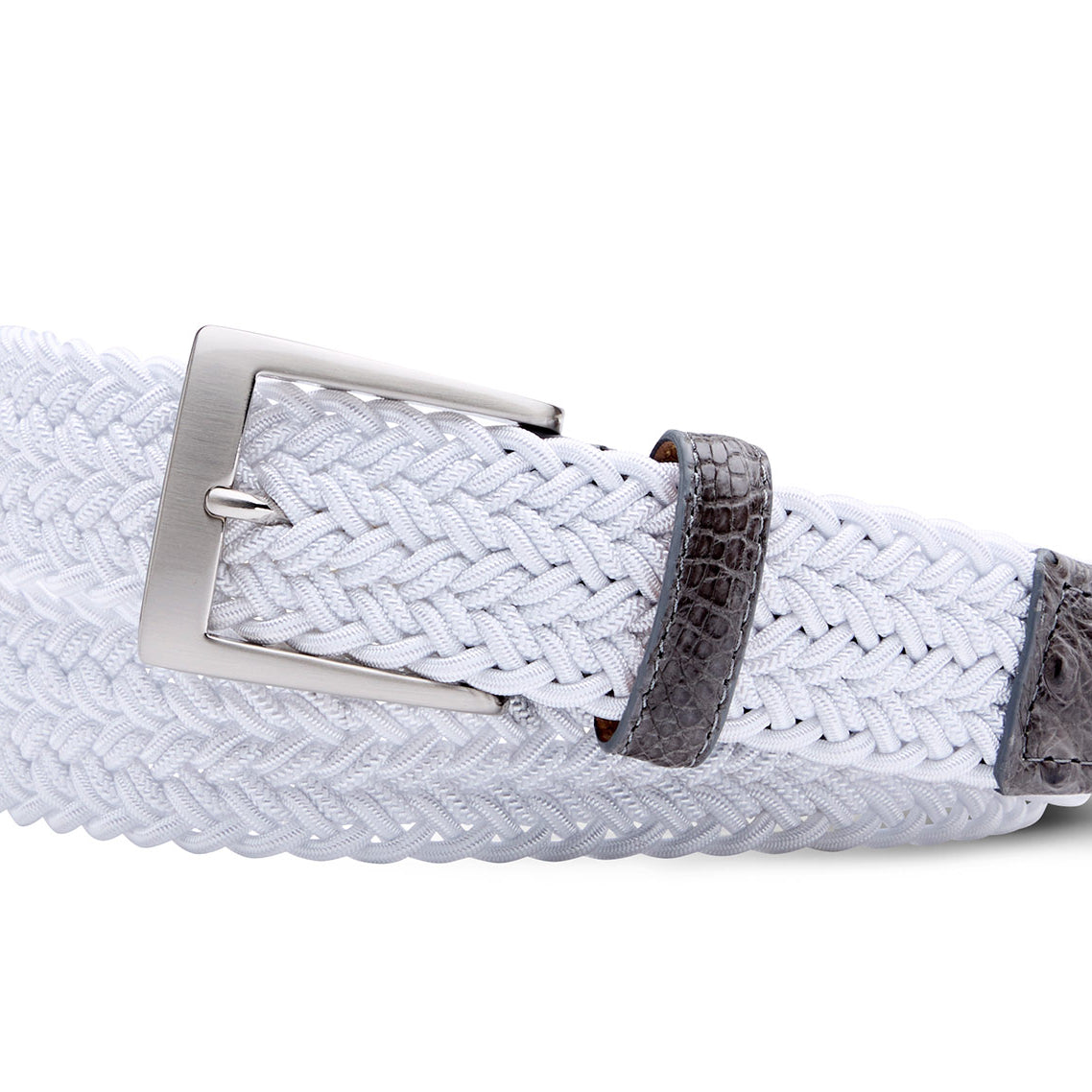 White Stretch Belt with Croc Tabs and Brushed Nickel Buckle