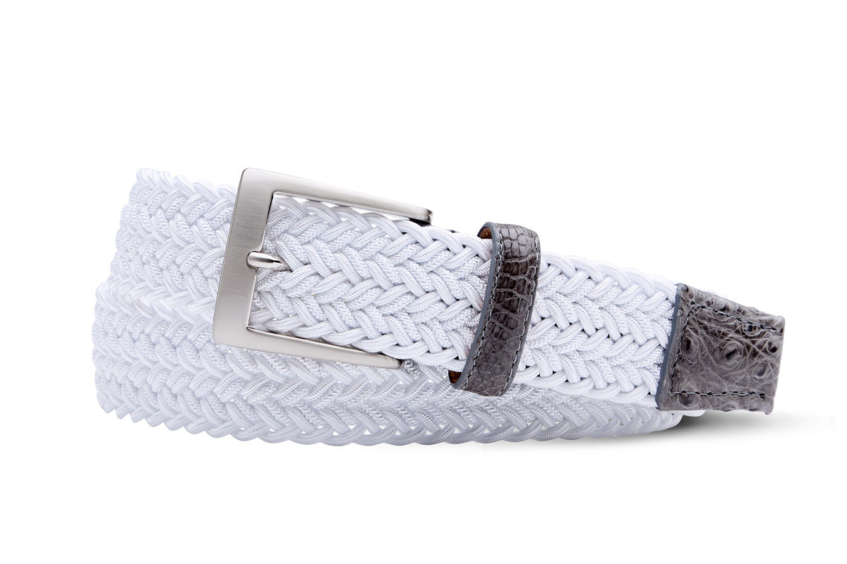 White Stretch Belt with Croc Tabs and Brushed Nickel Buckle