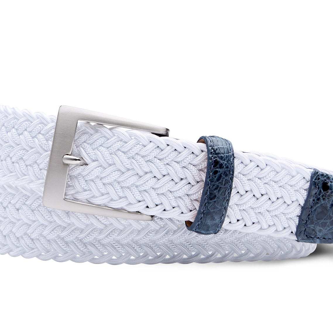 White Stretch Belt with Croc Tabs and Brushed Nickel Buckle