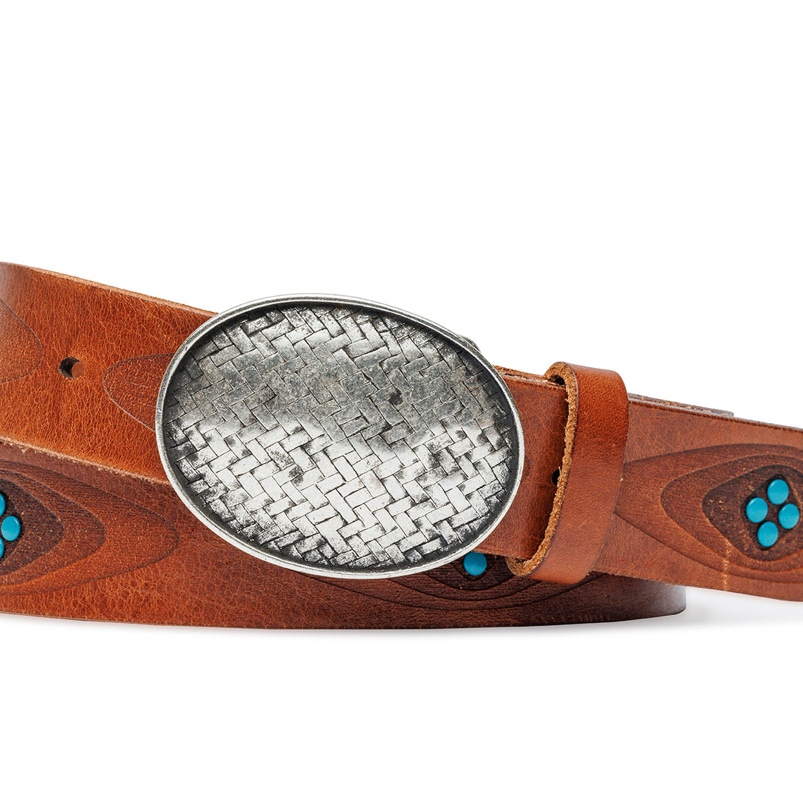 Italian Turquoise Studded Calf Belt with Antiqued Silver Plaque Buckle