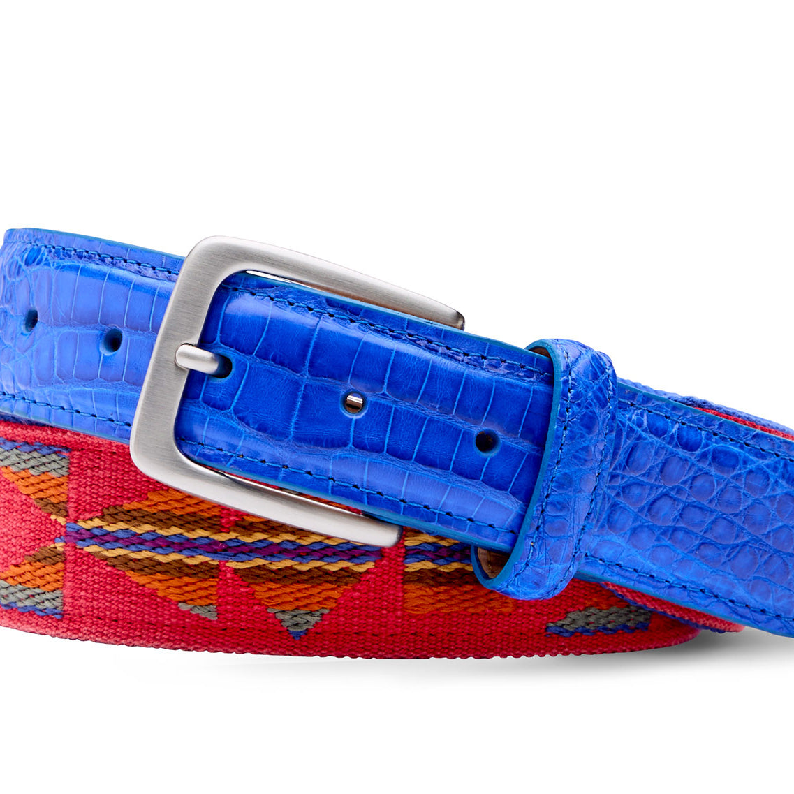 Aztec needlepoint belt with crocodile tabs and brushed nickel buckle by w.kleinberg