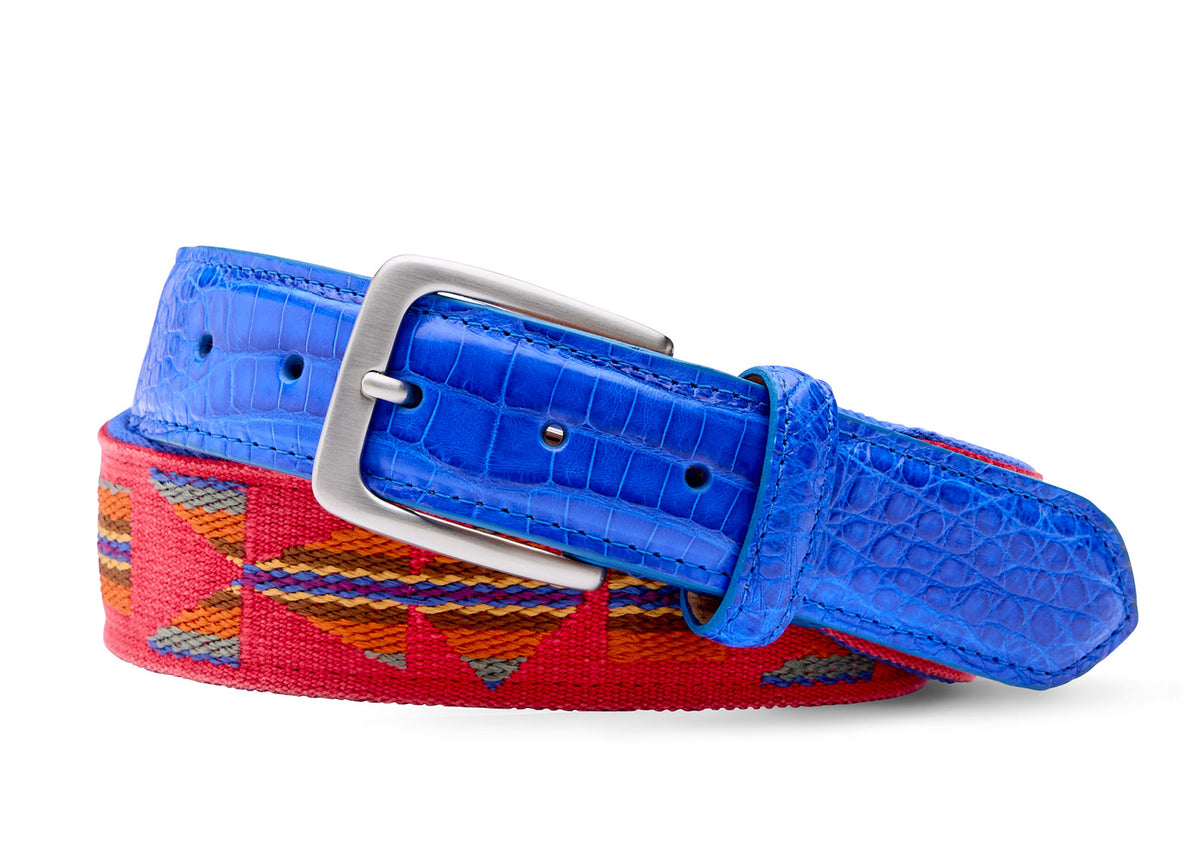 Aztec needlepoint belt with crocodile tabs and brushed nickel buckle by w.kleinberg