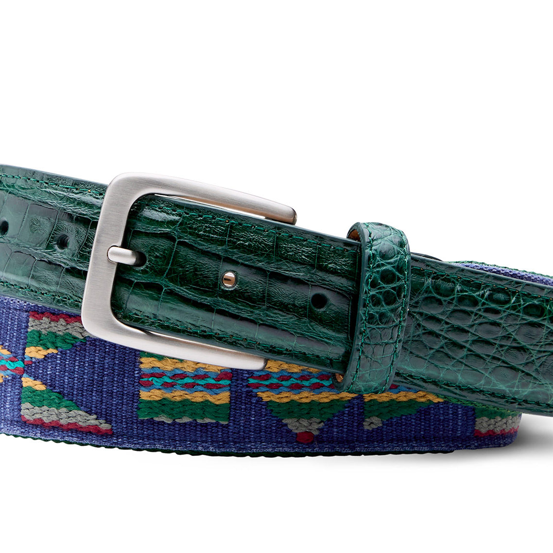 Blue Aztec needlepoint belt with crocodile tabs and brushed nickel buckle by w.kleinberg