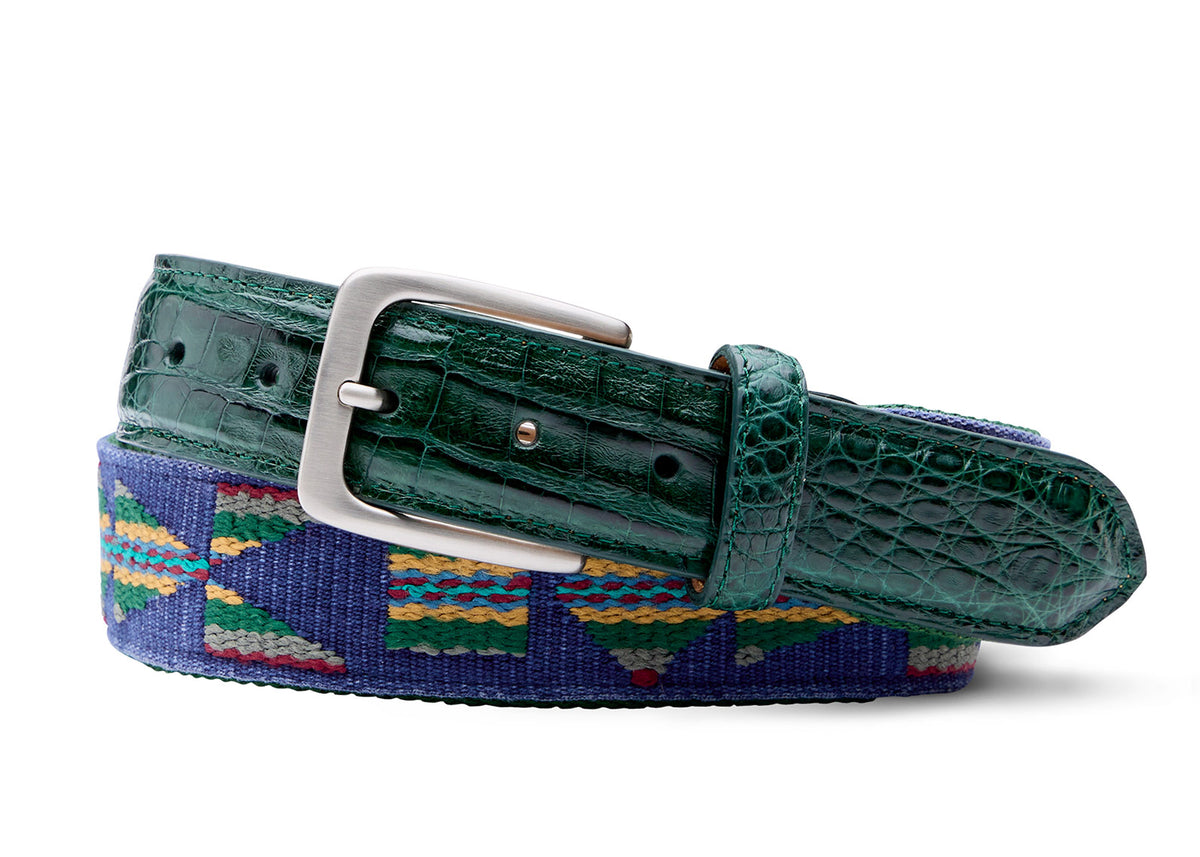 Blue Aztec needlepoint belt with crocodile tabs and brushed nickel buckle by w.kleinberg