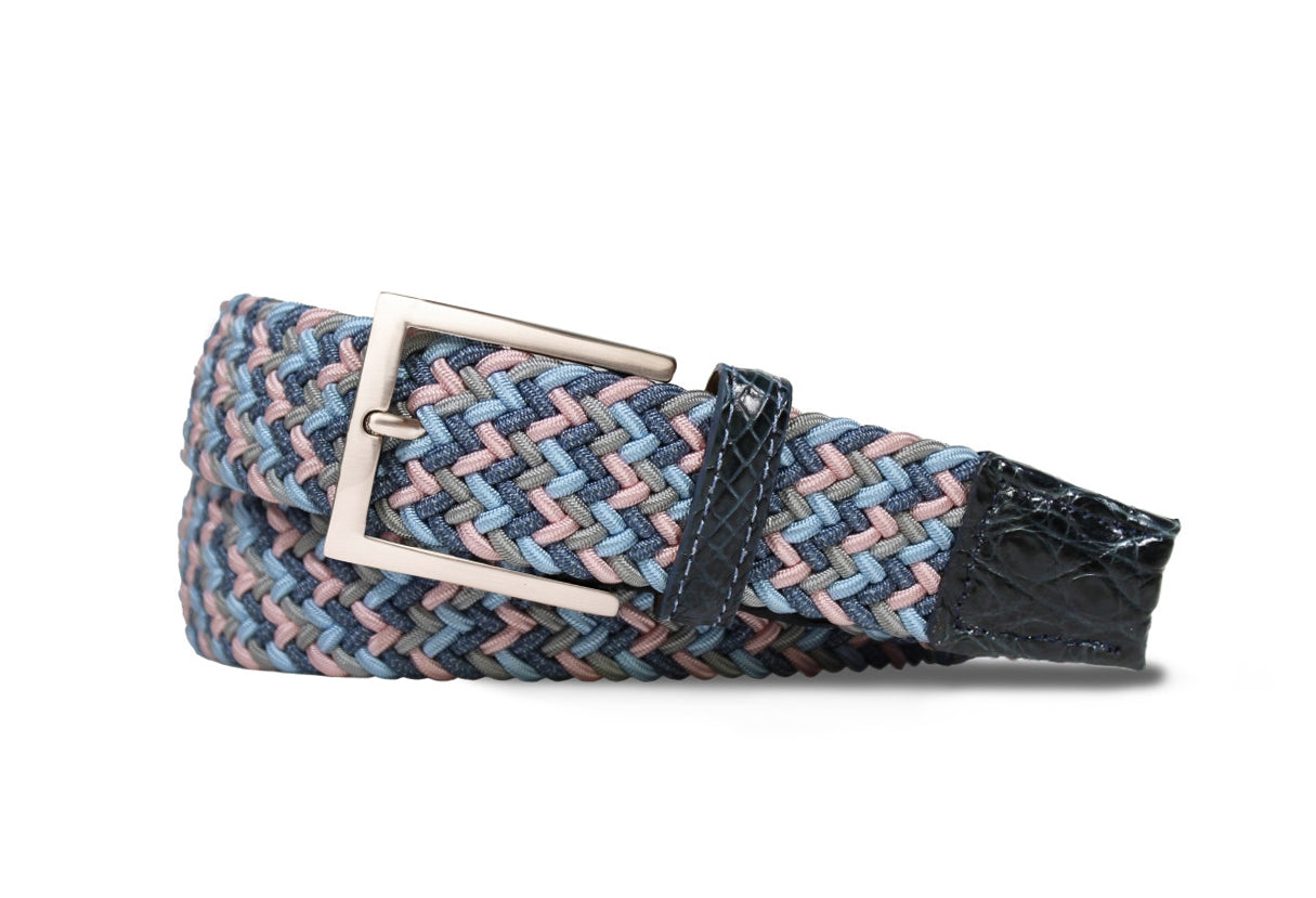 Bubblegum pink stretch belt with genuine crocodile tabs and brushed nickel buckle by w.kleinberg