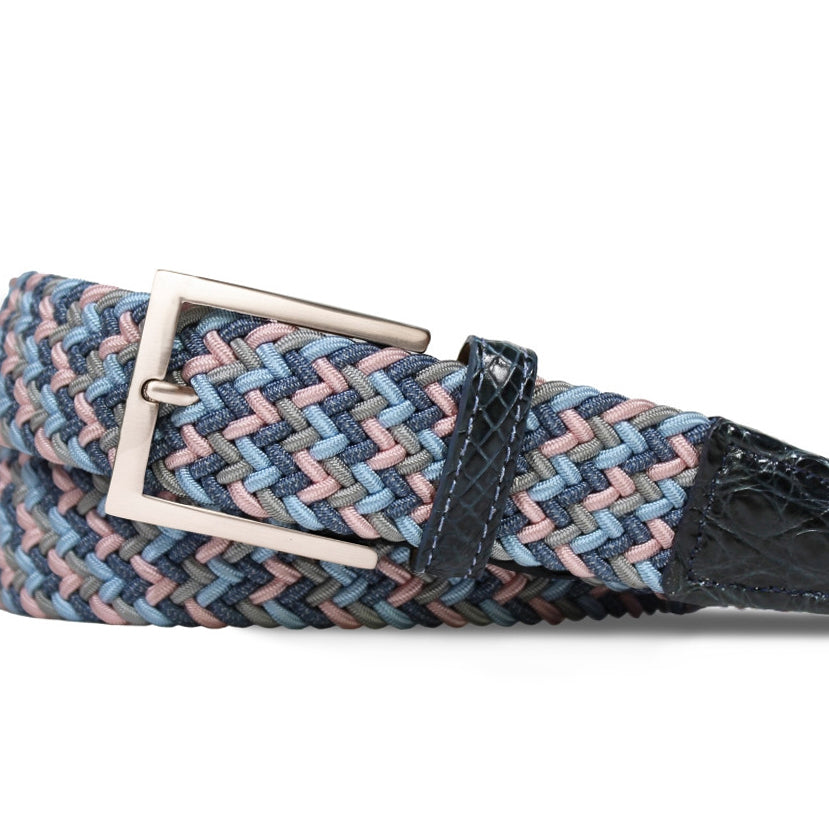 Bubblegum pink stretch belt with genuine crocodile tabs and brushed nickel buckle by w.kleinberg
