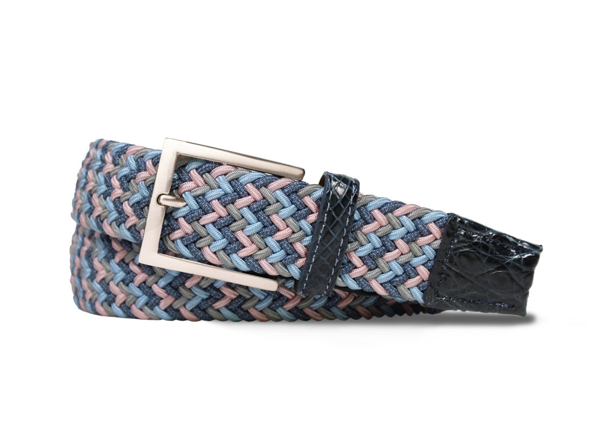 Bubblegum pink stretch belt with genuine crocodile tabs and brushed nickel buckle by w.kleinberg