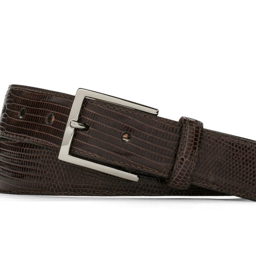 chocolate Classic Lizard Belt with Nickel Buckle — w.kleinberg