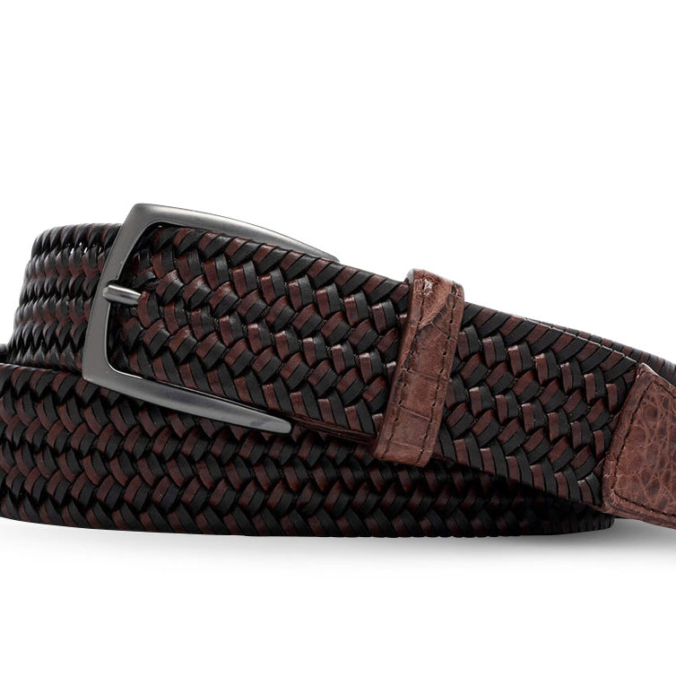 Cigar leather stretch belt with crocodile tabs and gunmetal buckle by w.kleinberg