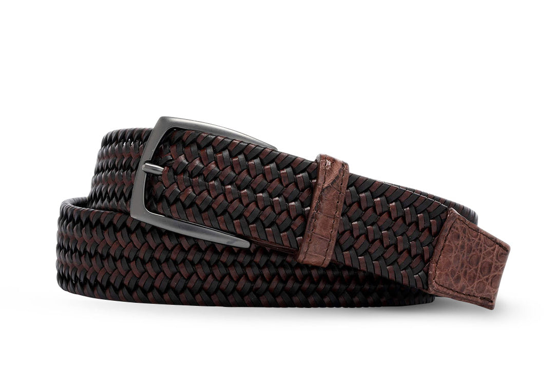 Cigar leather stretch belt with crocodile tabs and gunmetal buckle by w.kleinberg