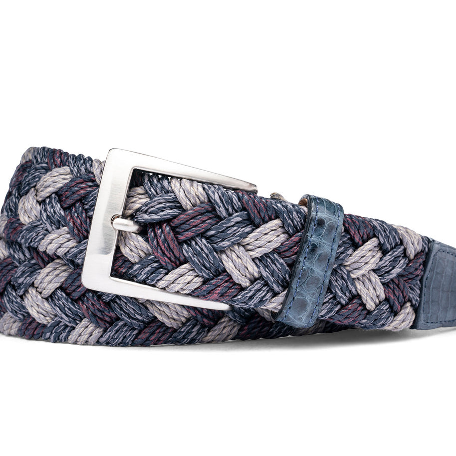 Indigo Woven Belt with Crocodile Tabs and Brushed Nickel Buckle w.kleinberg