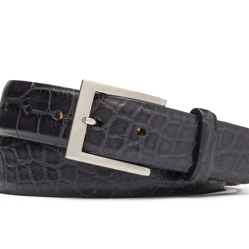 1-3/8" Matte American Alligator Belt with Brushed Nickel and Gold Buckles