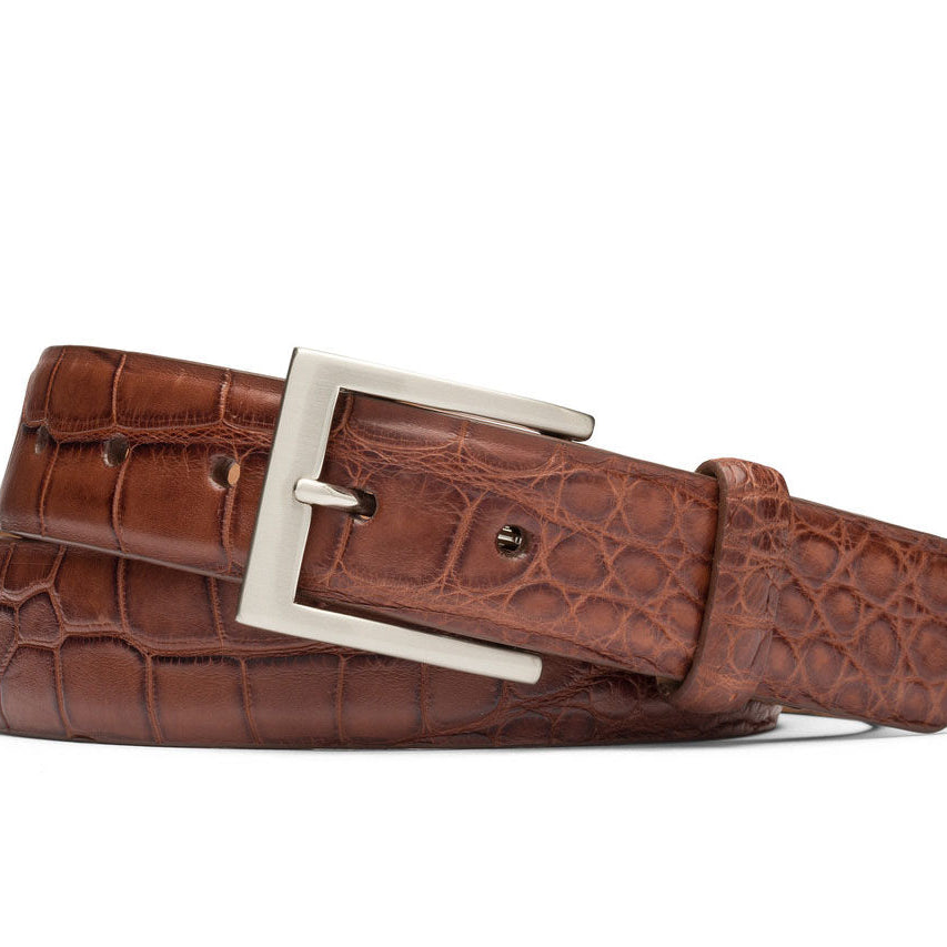 1-1/8" Matte American Alligator Belt with Brushed Nickel and Gold Buckles