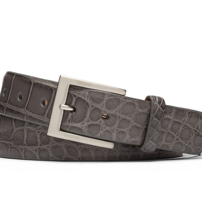1-1/8" Matte American Alligator Belt with Brushed Nickel and Gold Buckles