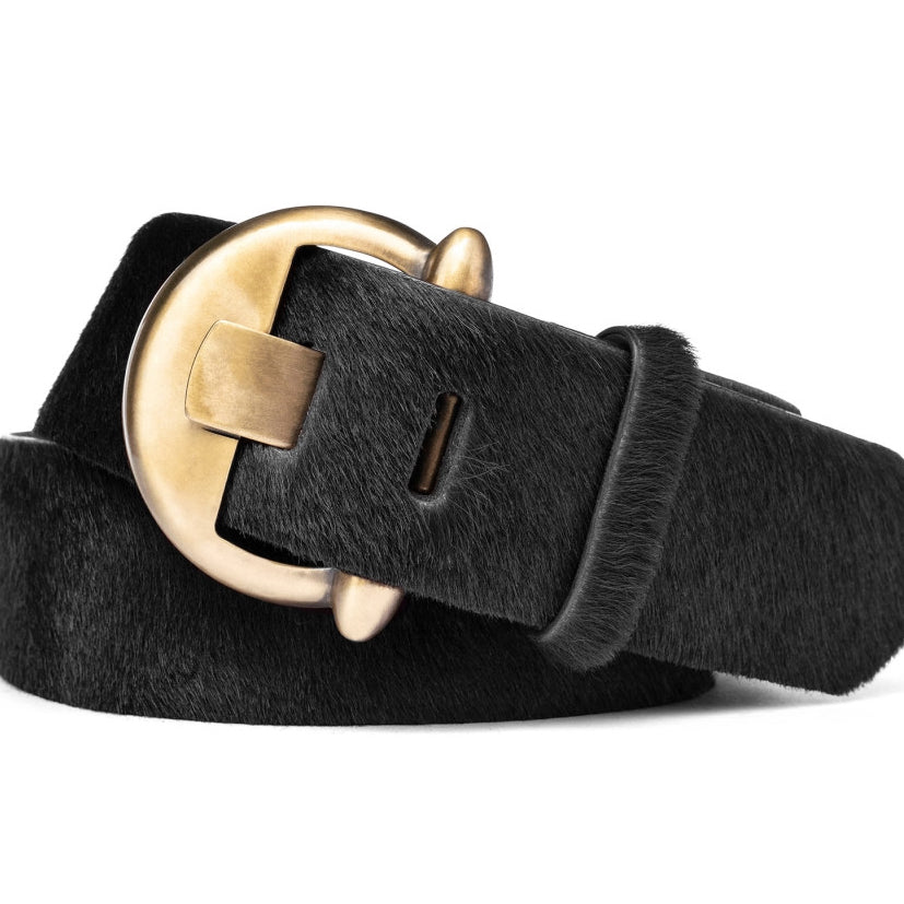 Wide Calf Hair Belt with Brass Buckle