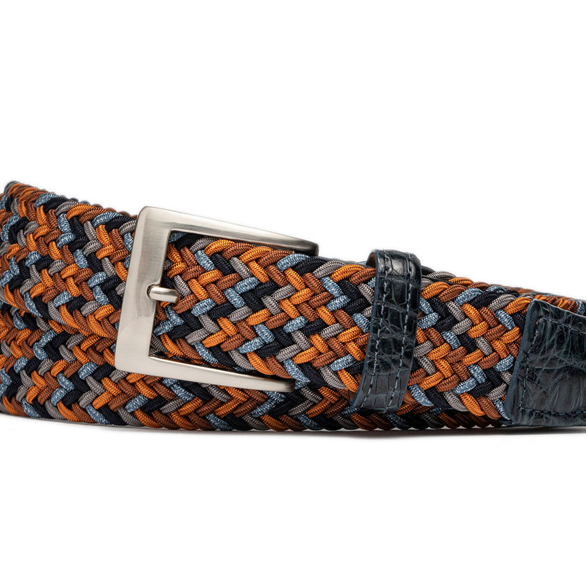 Tangerine stretch belt with genuine crocodile leather tabs and brushed nickel buckle w.kleinberg