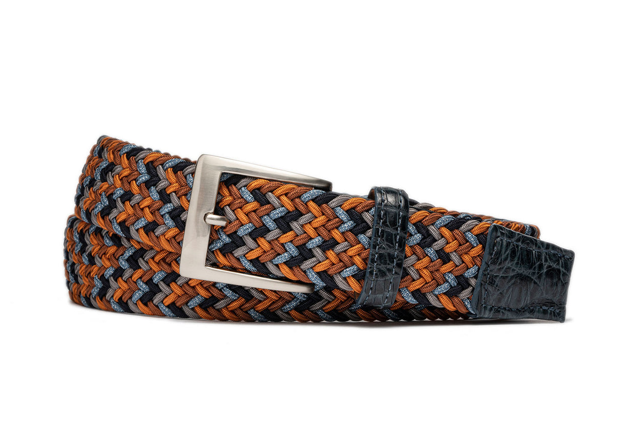 Tangerine stretch belt with genuine crocodile leather tabs and brushed nickel buckle w.kleinberg