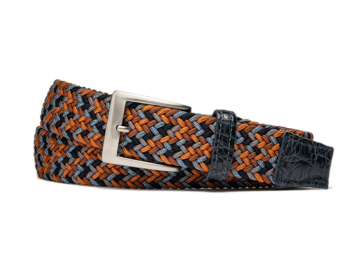 Tangerine stretch belt with genuine crocodile leather tabs and brushed nickel buckle w.kleinberg