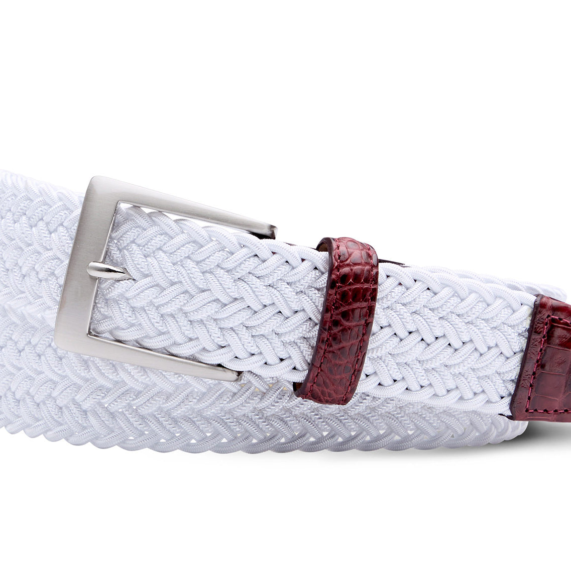 White stretch belt with genuine crocodile tabs and brushed nickel buckle by w.kleinberg