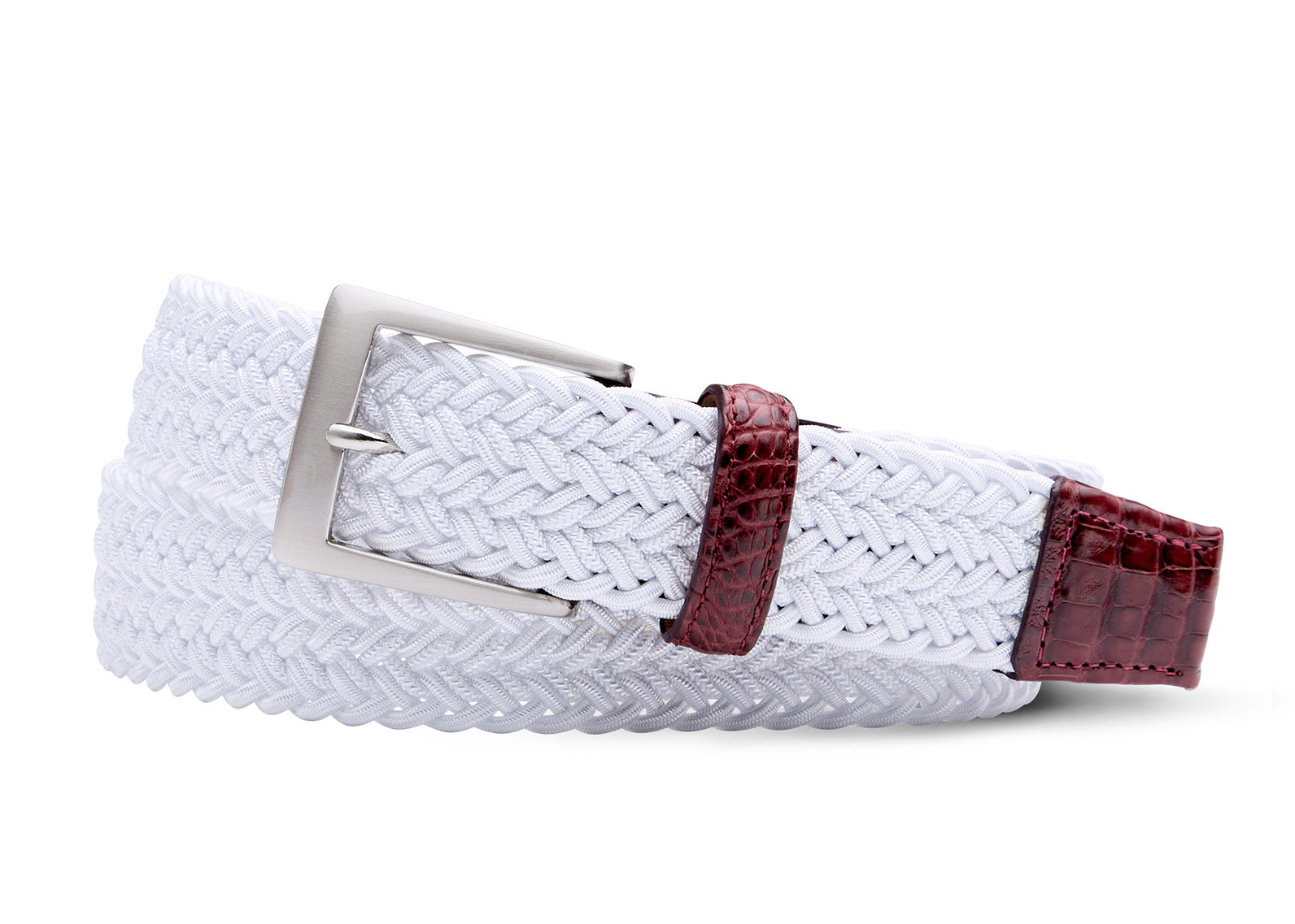 White stretch belt with genuine crocodile tabs and brushed nickel buckle by w.kleinberg