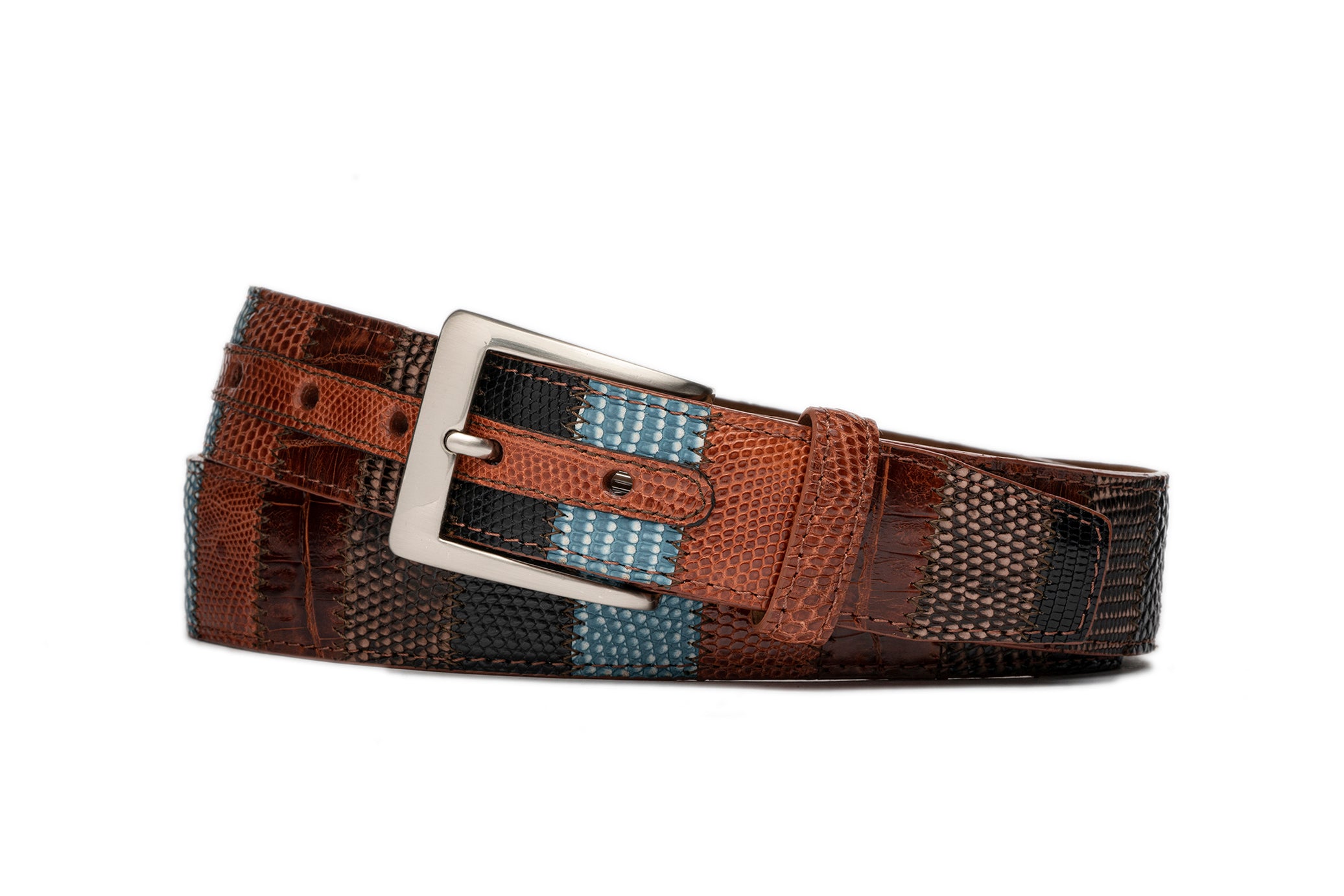w.kleinberg Alligator & Lizard Patchwork Belt featuring matte exotic skins and brushed nickel buckle