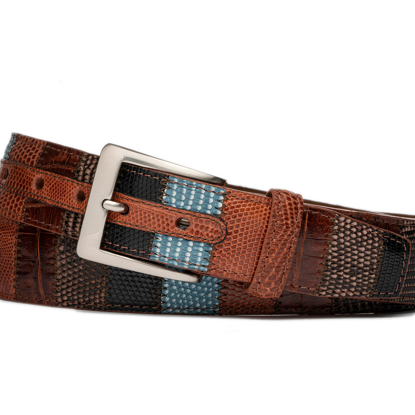w.kleinberg Alligator & Lizard Patchwork Belt featuring matte exotic skins and brushed nickel buckle