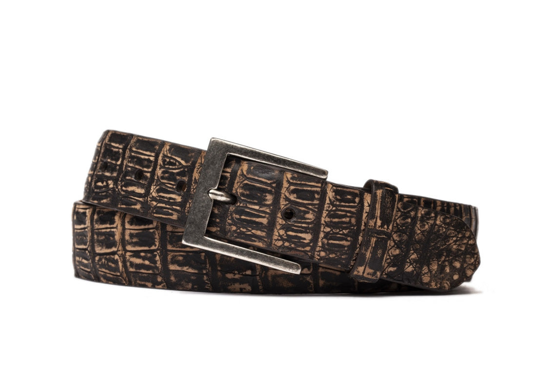 w.kleinberg vintage crocodile belt with antique nickel buckle flat lay