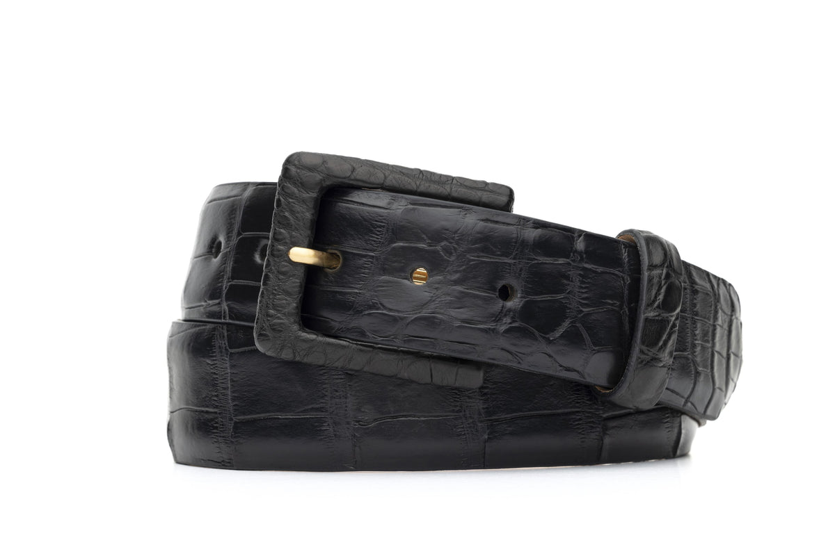 Matte Alligator Belt with Covered Buckle - Black