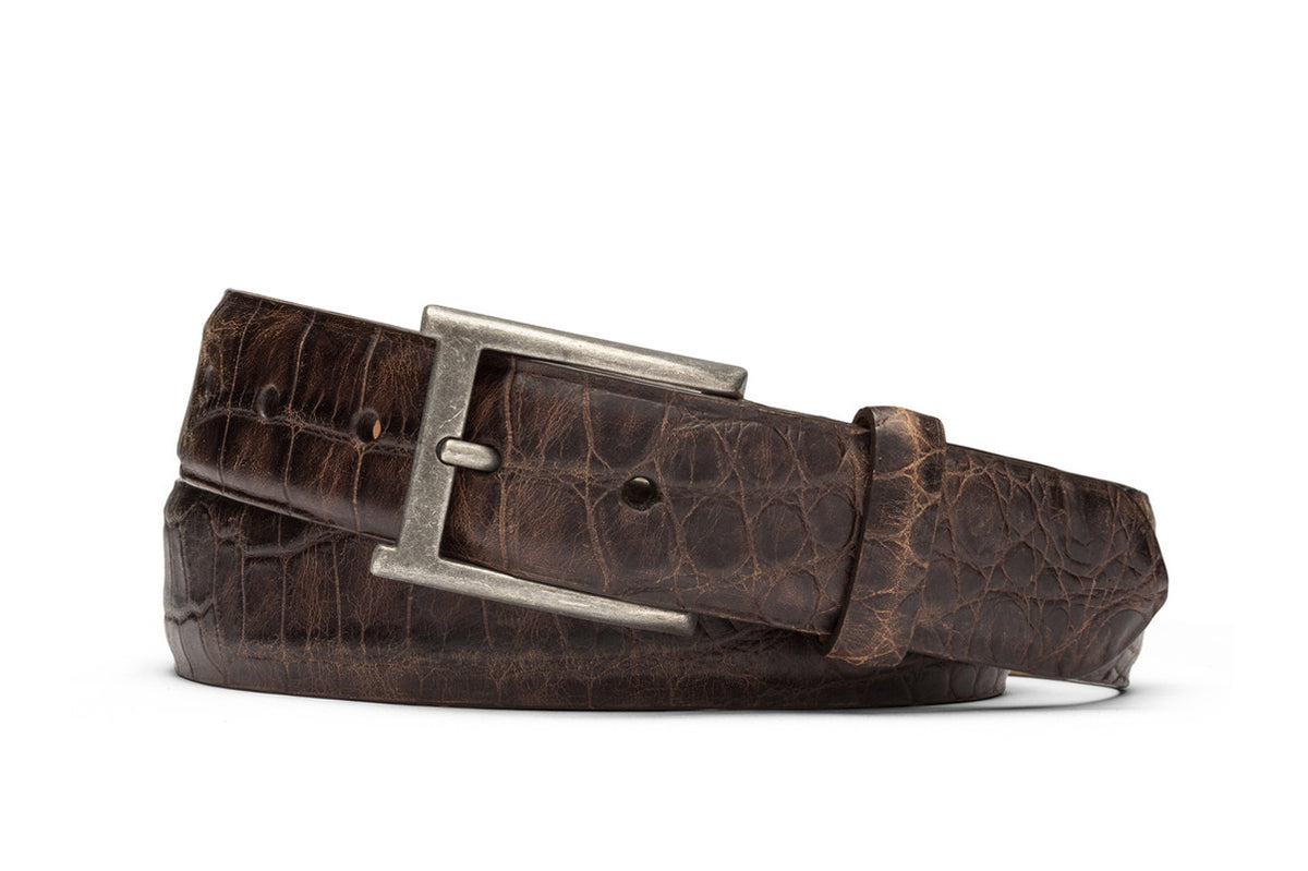 Distressed Embossed Crocodile Belt with Antique Buckle