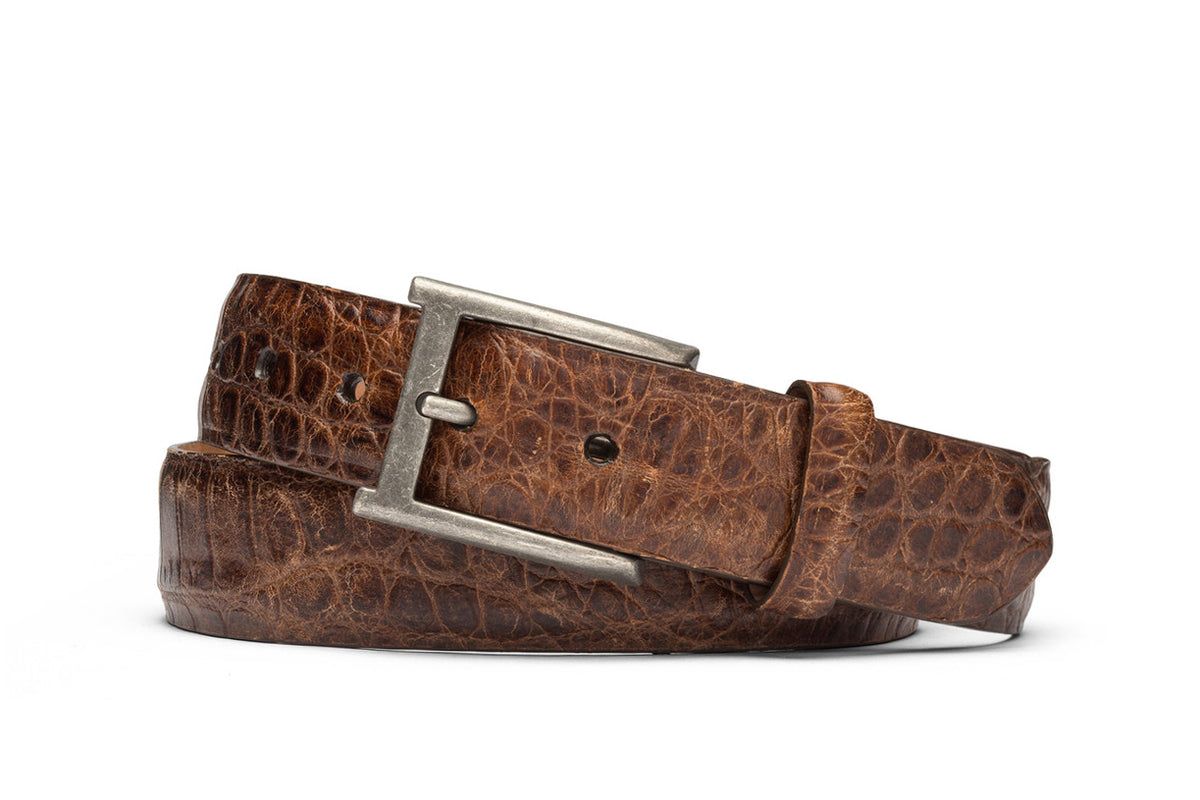 Distressed Embossed Crocodile Belt with Antique Buckle