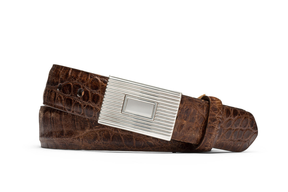 Distressed Embossed Crocodile Belt with Plaque Buckle