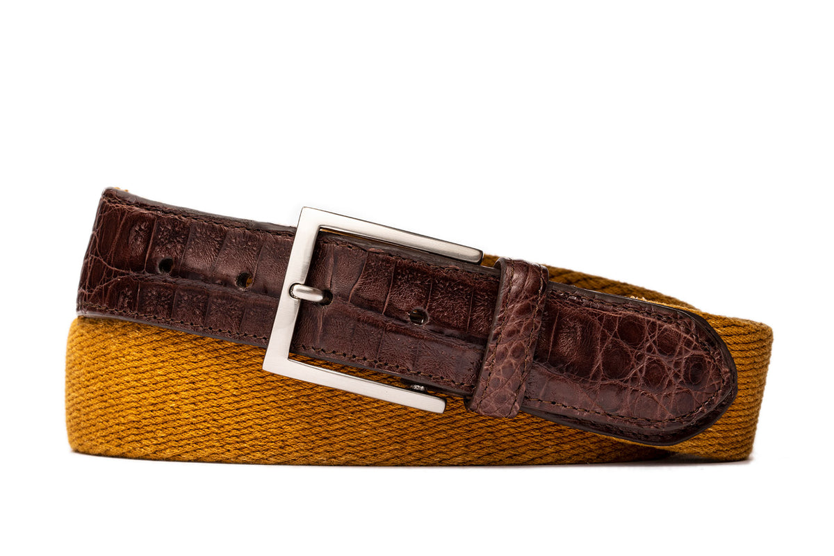 Cotton Weave Belt with Crocodile Tabs and Brushed Nickel Buckle