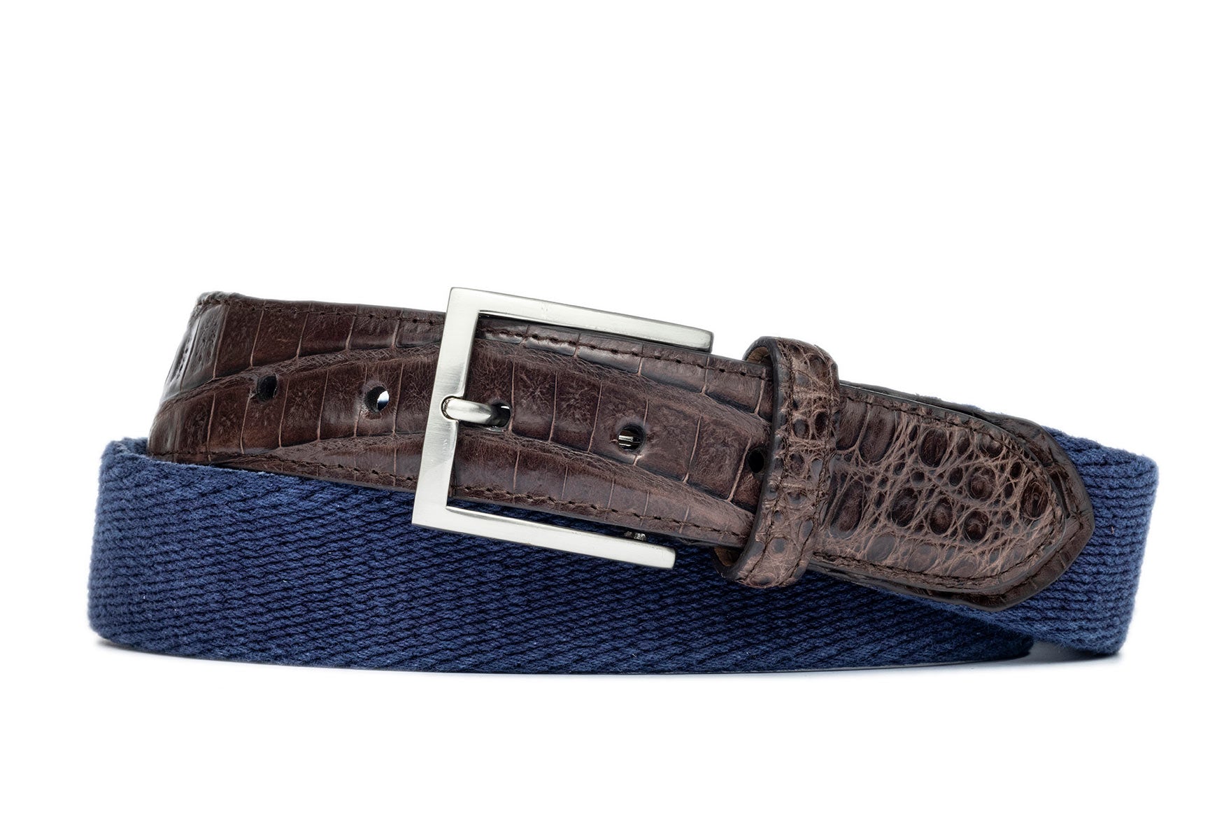 Cotton Weave Belt with Crocodile Tabs and Brushed Nickel Buckle
