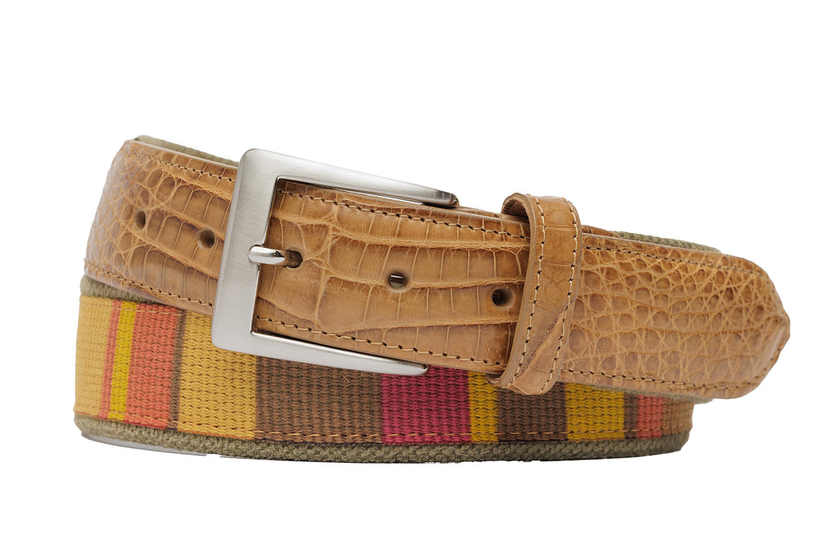 Canvas Bars Belt with Crocodile Tabs and Brushed Nickel Buckle