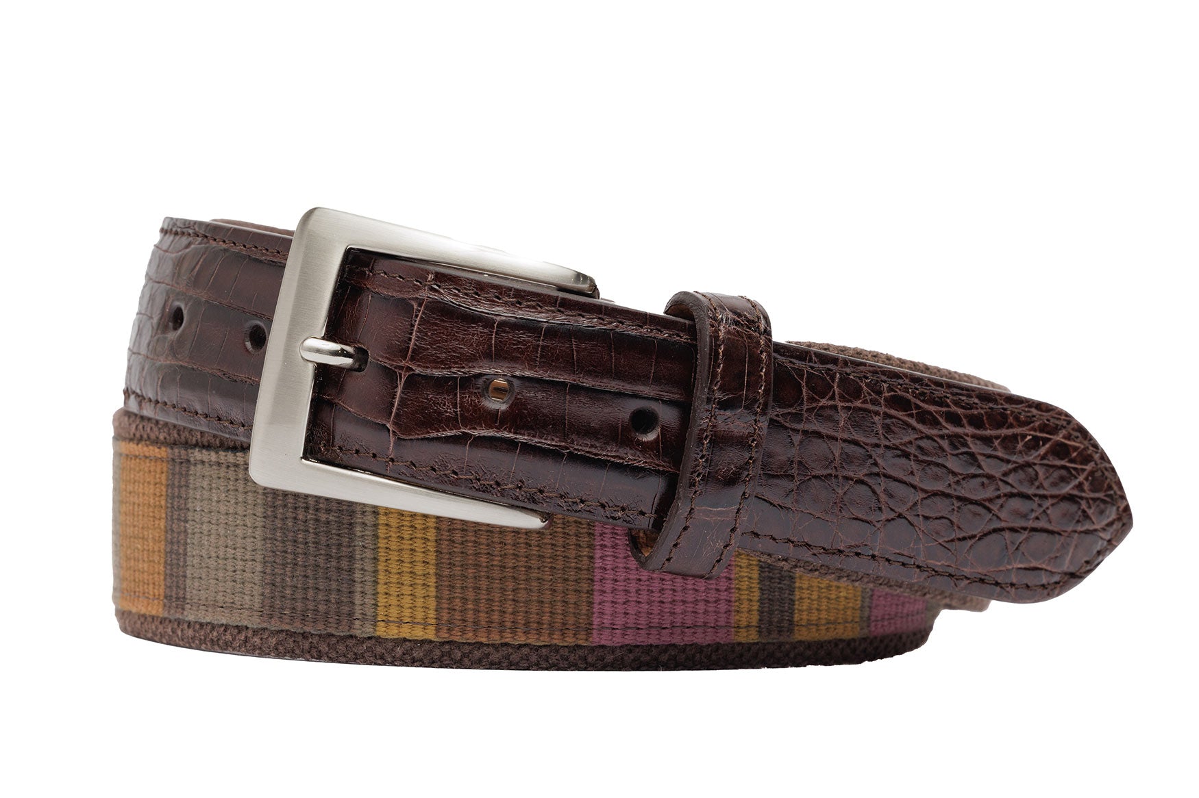 Canvas Bars Belt with Crocodile Tabs and Brushed Nickel Buckle
